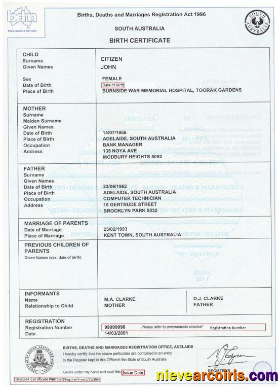 Australia South Australia birth certificate